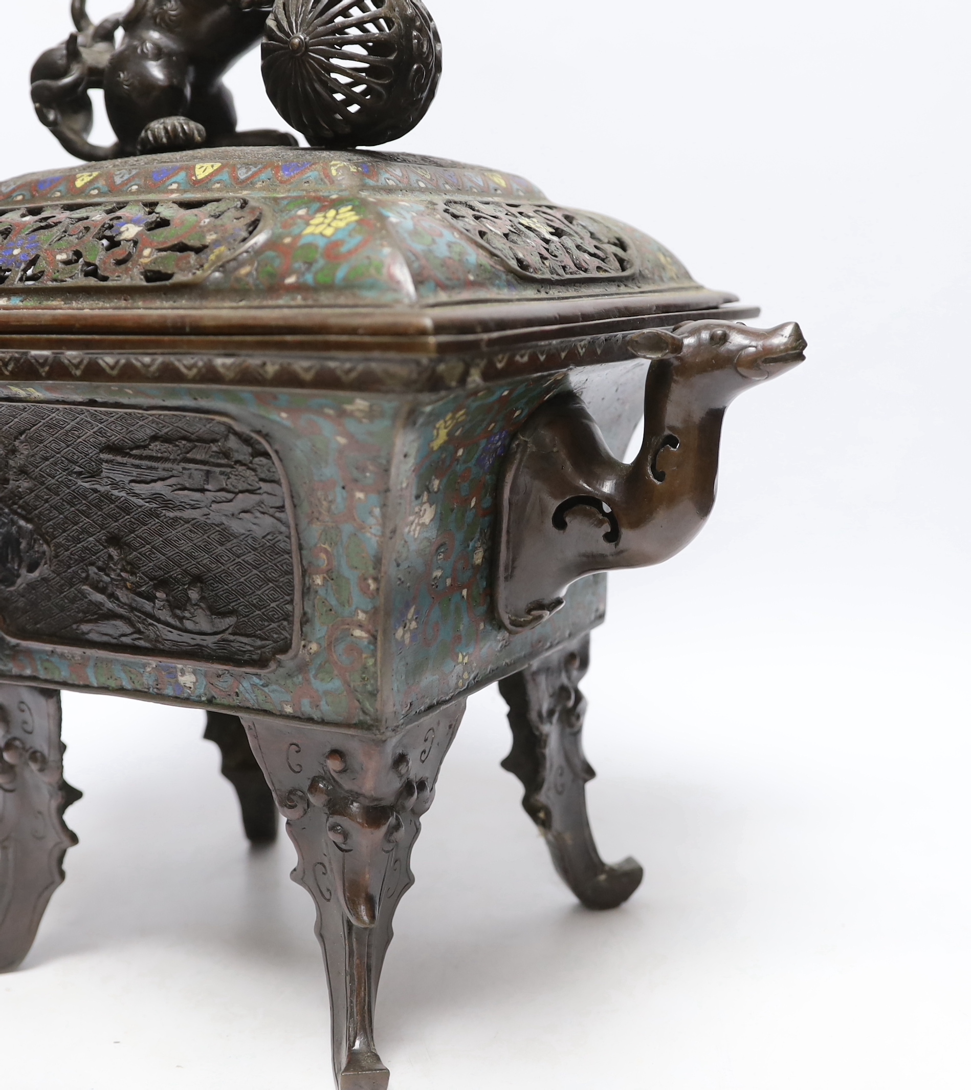 A Japanese bronze and champleve enamel koro and cover, late 19th century, 41cm high